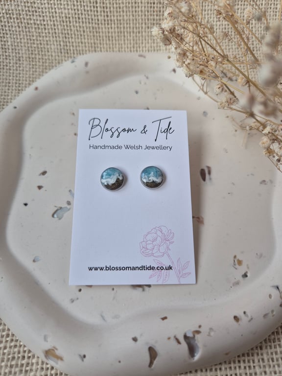Welsh Beach Stud Earrings Handmade With Real Sand - Light Blue