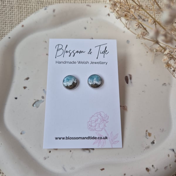 Welsh Beach Stud Earrings Handmade With Real Sand - Light Blue