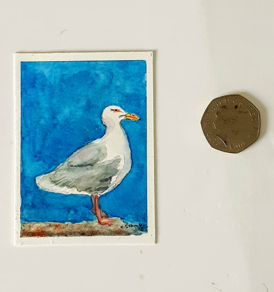 Original ACEO miniature watercolour painting Seagull 64 mm x 89 mm