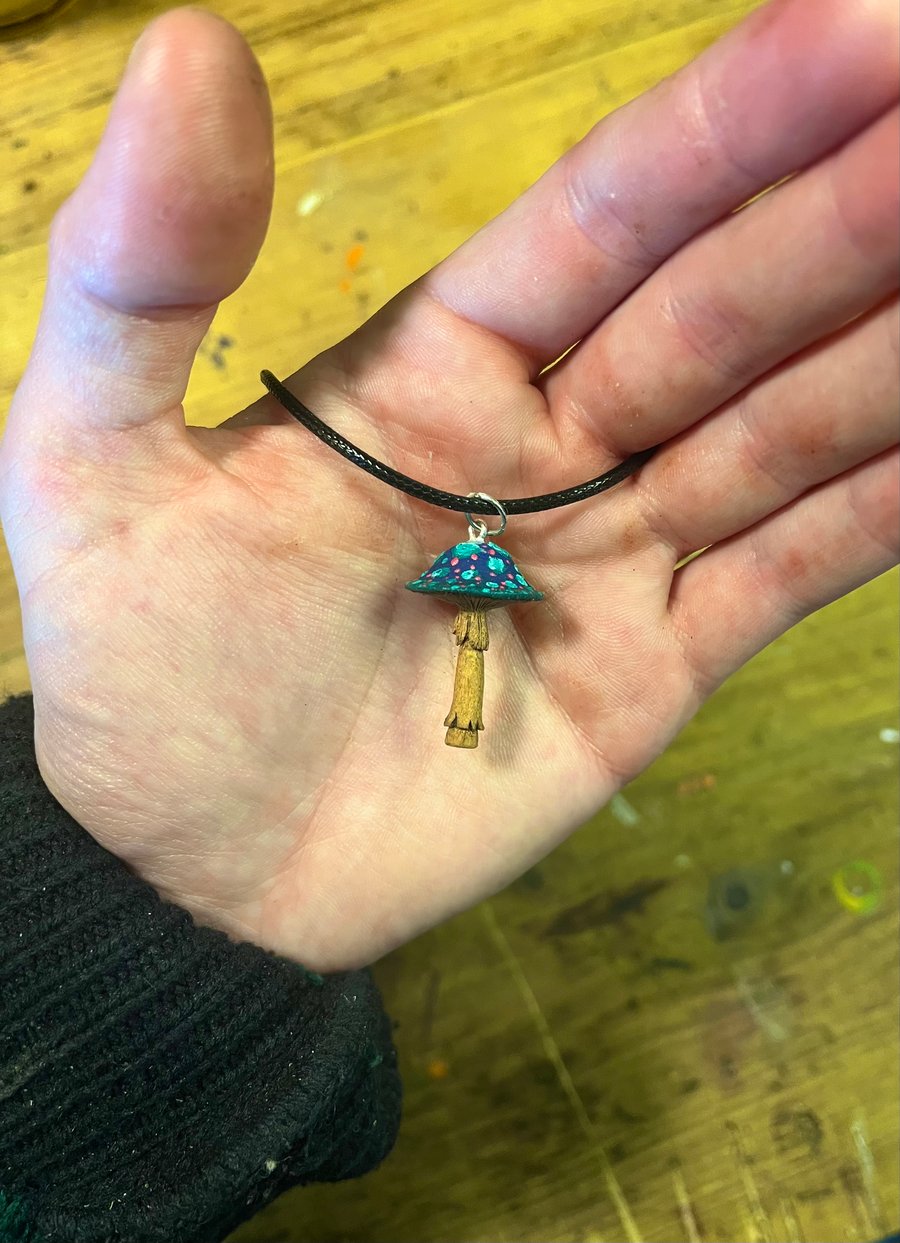 Hand Carved Blue Mushroom. Pendant 
