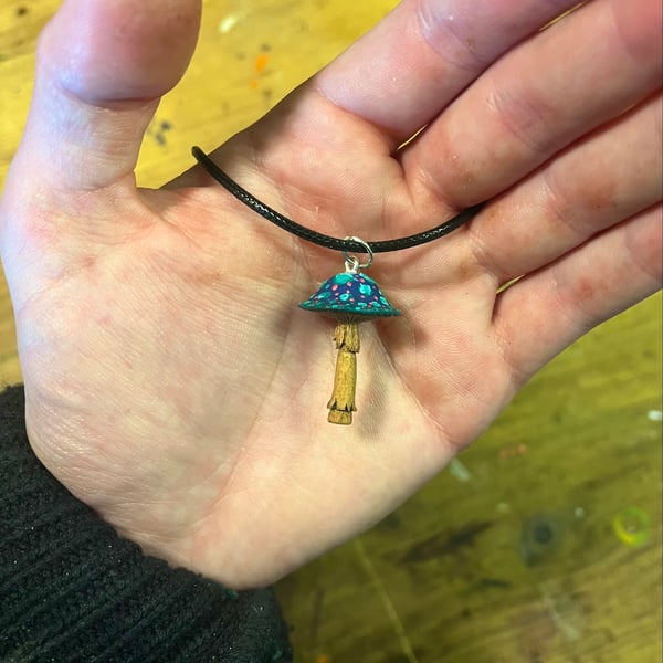 Hand Carved Blue Mushroom. Pendant 