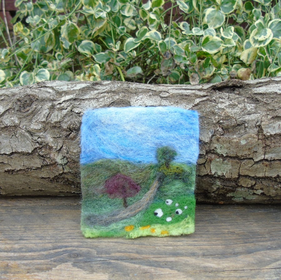 Needle felted picture - Yorkshire Dales Sheep and lambs scene 3.5 x 4.25 ins