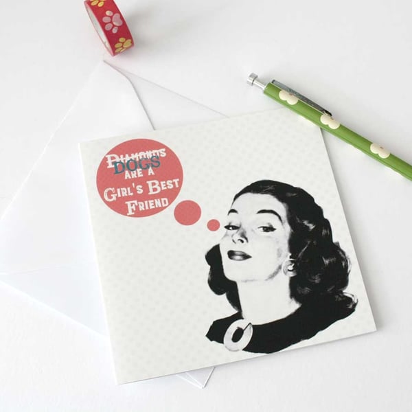 Retro dog lover card for best friend - Blank greetings card for crazy dog lady 