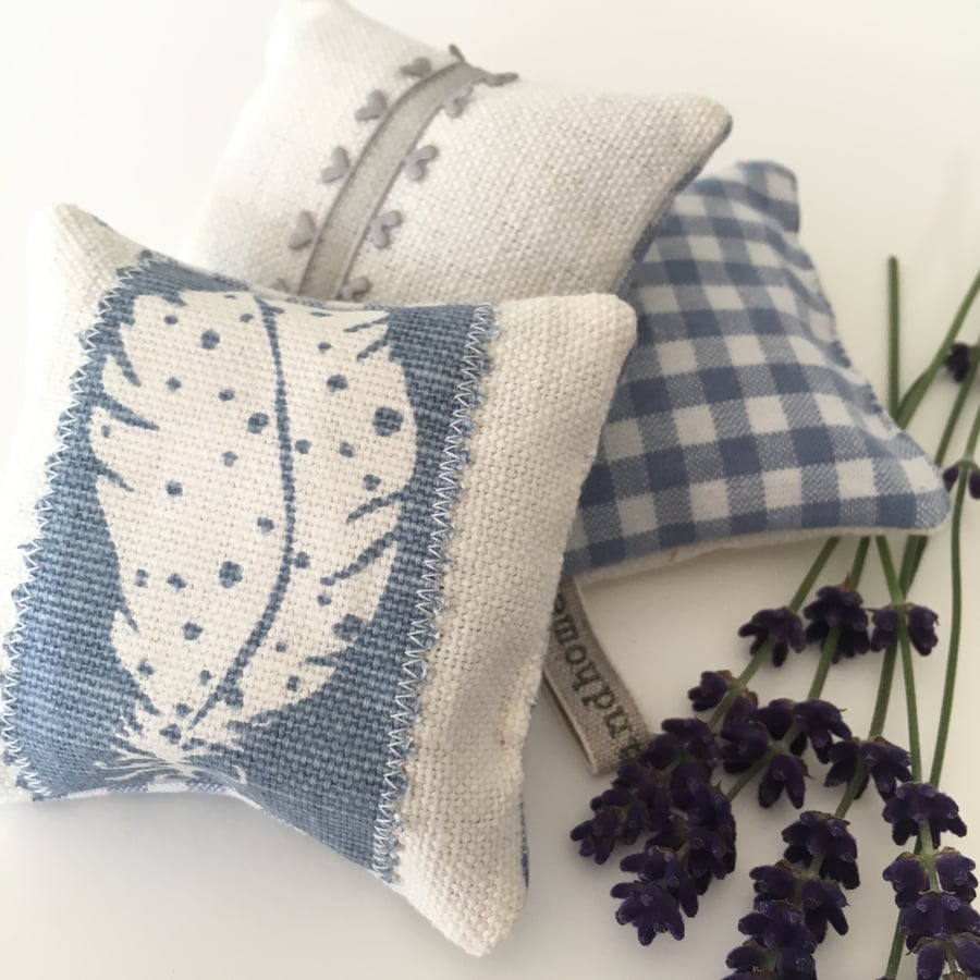 LAVENDER SACHET BUNDLE - linen and soft blue gingham with feather and hearts