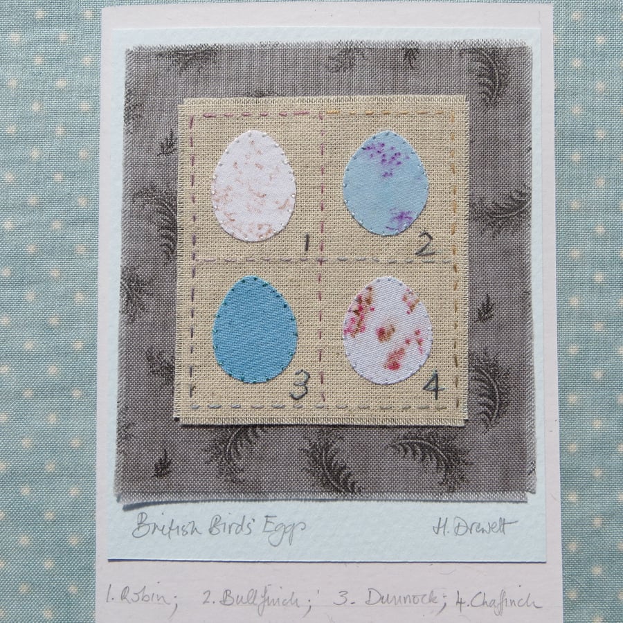 British birds eggs handstitched card, hand-dyed fabrics feather print background
