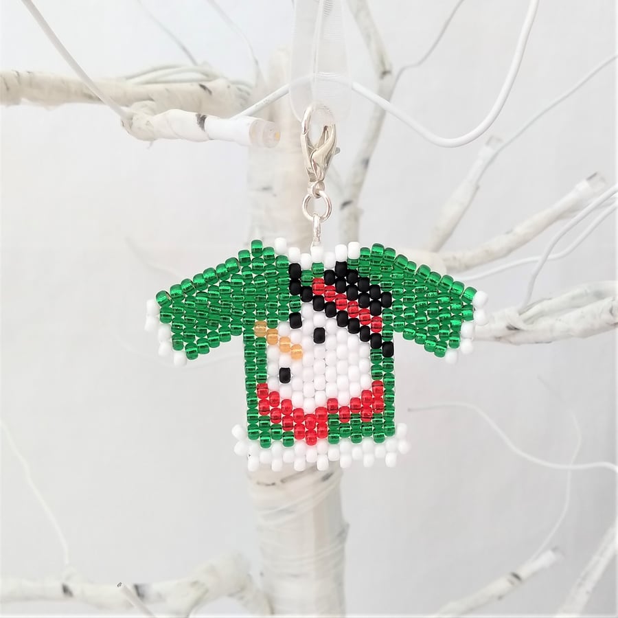 Green Snowman Beaded Christmas Jumper Tree Decoration Charm