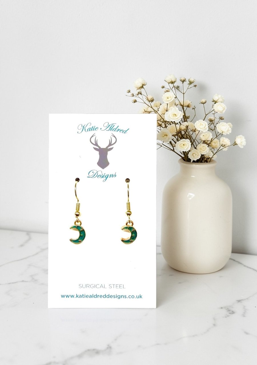 Charm Earrings - Mini Gold Teal Moon