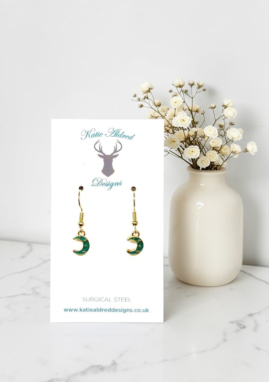 Charm Earrings - Mini Gold Teal Moon