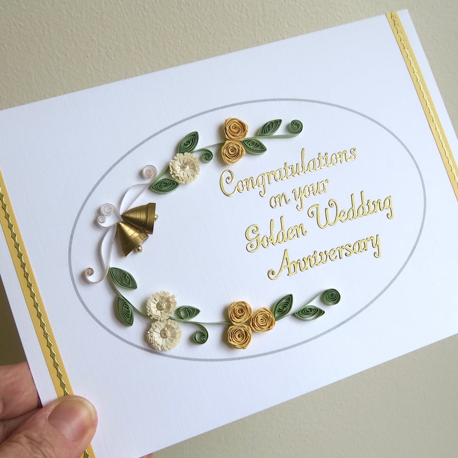 Golden wedding anniversary card, handmade with quilled flowers