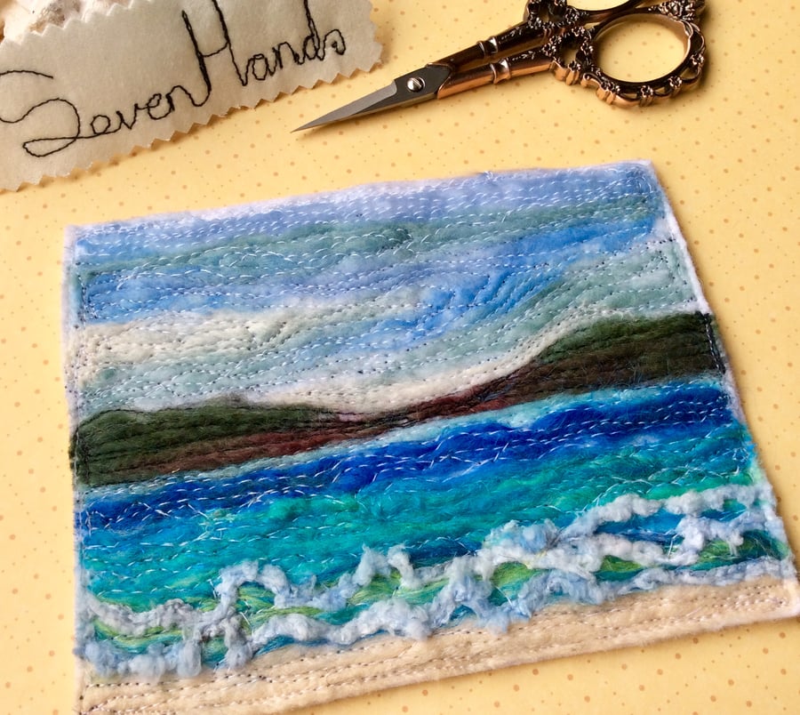 Embroidered seascape felt postcard. 