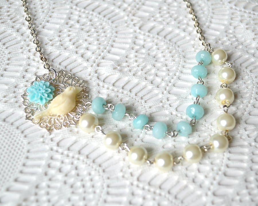 Sale! 30% off! Double Strand Necklace with Bird & Flower Cabochons