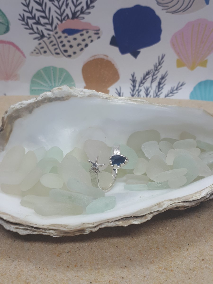 Clear and blue sea glass and starfish adjustable ring 