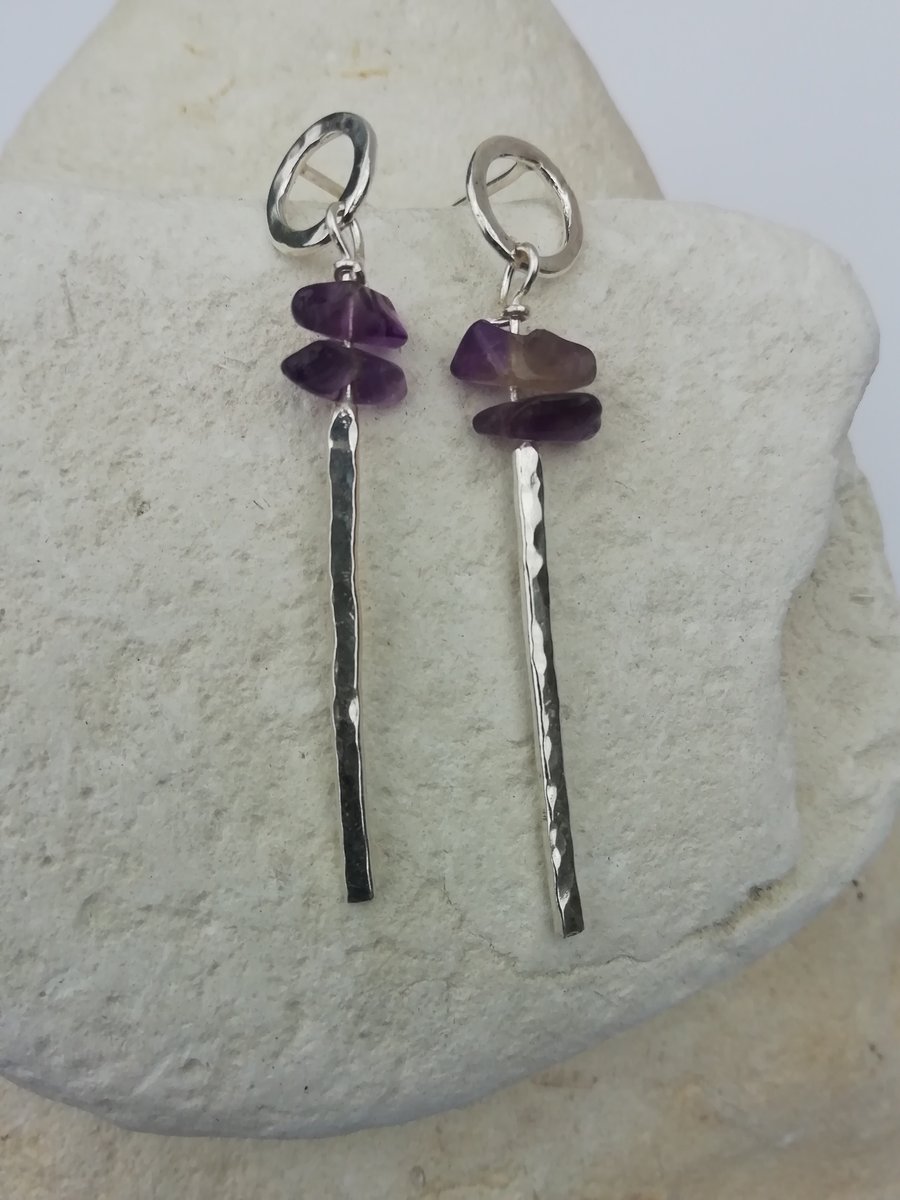 Amethyst and Hammered Silver Earrings