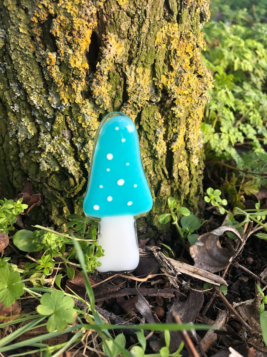 Unique fused glass tall Turquoise mushroom garden plant pot decoration 