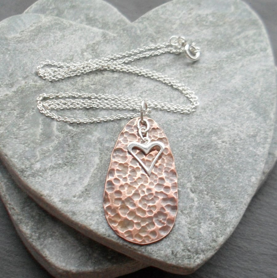 Vintage Style Copper Pendant With Sterling Silver Heart Charm 