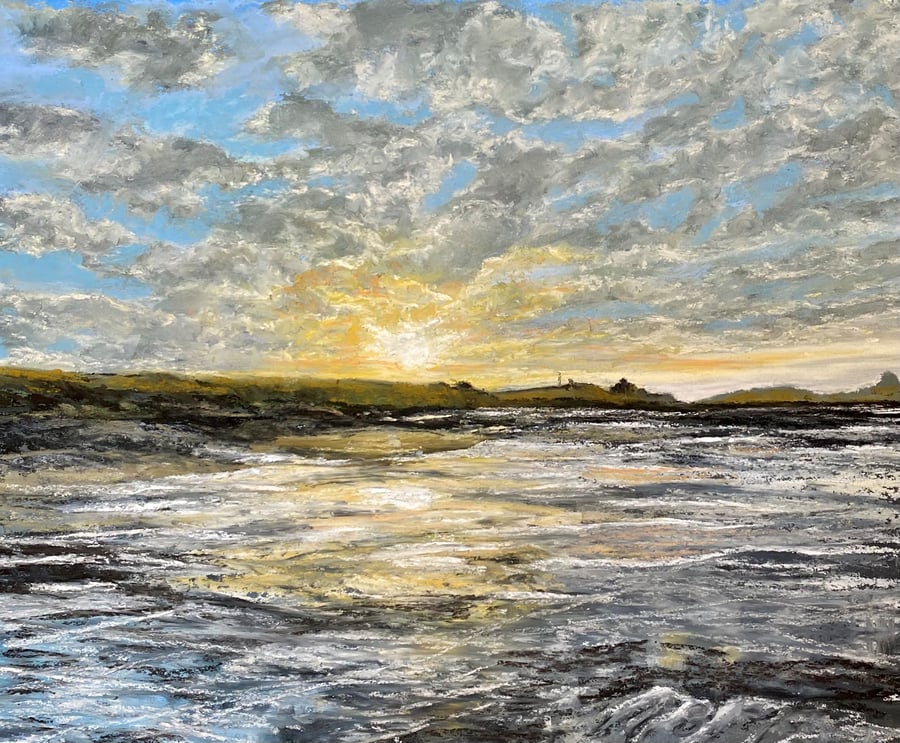 Sea and Sunset Pastel Painting. Bamburgh 1, Northumbrian coast.