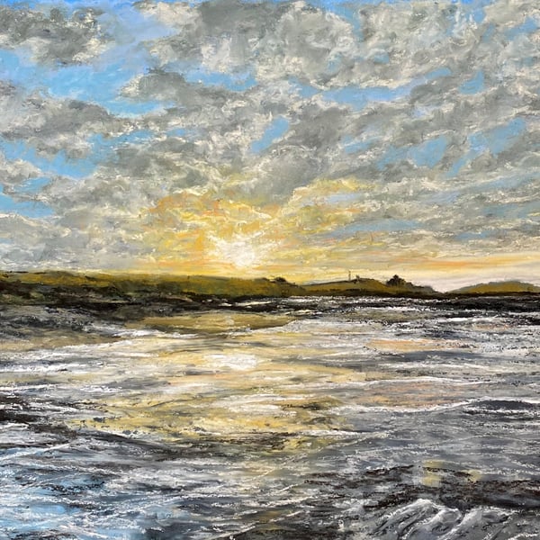 Sea and Sunset Pastel Painting. Bamburgh 1, Northumbrian coast.