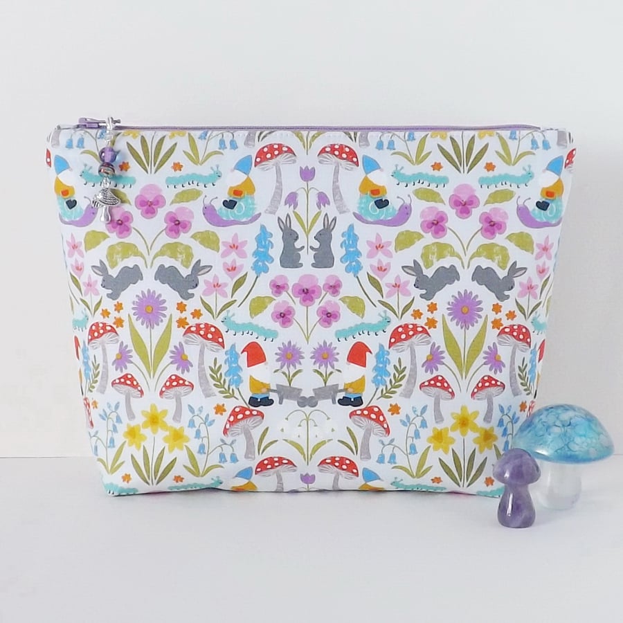 Large zipped pouch, project bag, cosmetic bag, gnomes, mushrooms, bunnies