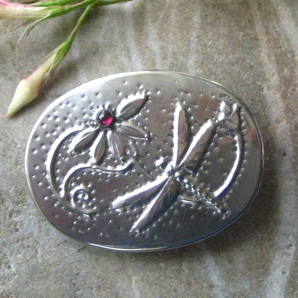 Dragonfly Garnet Pewter Brooch