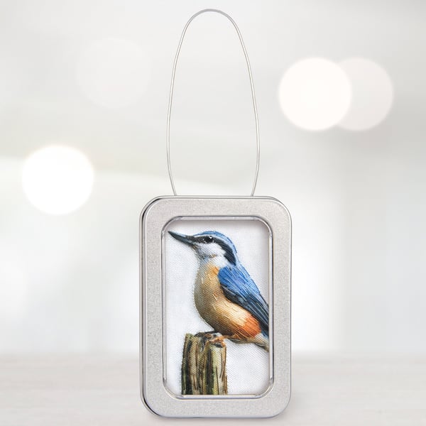 Nuthatch, little 3D fabric Nuthatch picture framed in a tin, gift, ornament