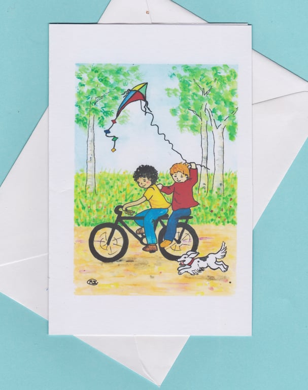 Blank card Boy birthday. Boys, bike, kite and dog 