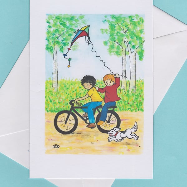 Blank card Boy birthday. Boys, bike, kite and dog 