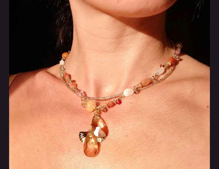 Gold Tone Double Strand Necklace with Amber-Coloured Crystal Drops 