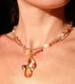 Gold Tone Double Strand Necklace with Amber-Coloured Crystal Drops 