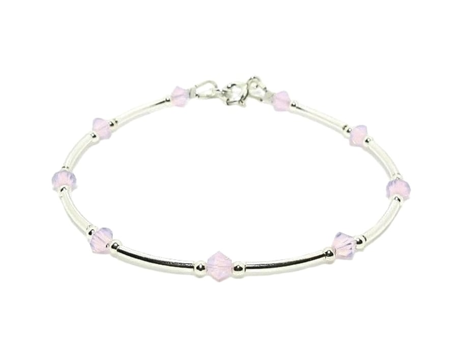 Elegant Pink Opal Premium Crystals & Sterling Silver Bangle Bracelet