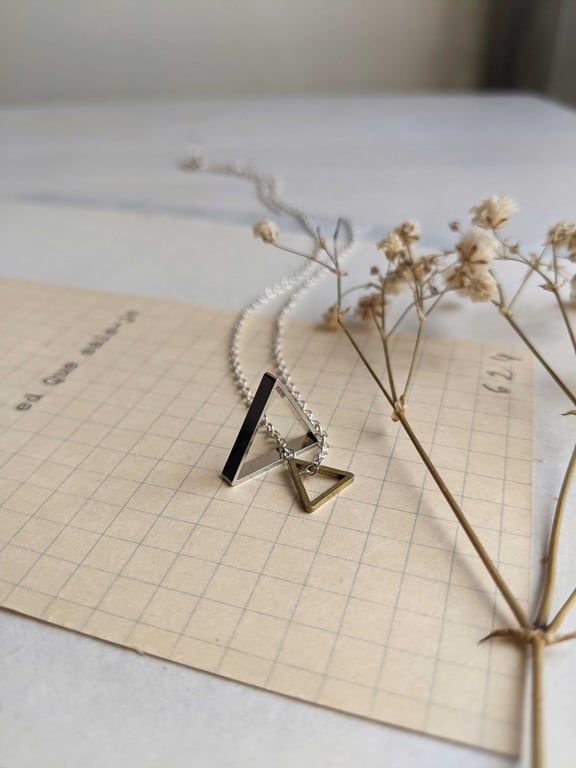 Double Triangle charm necklace - geometric mixed metals on silver - modern