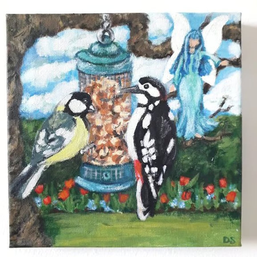 Fairy friends original painting. Two garden birds on a feeder with a fairy 