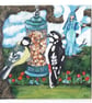 Fairy friends original painting. Two garden birds on a feeder with a fairy  - Image 1
