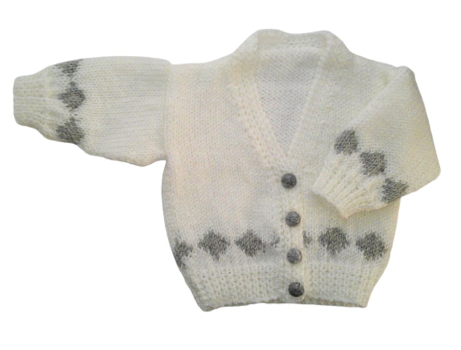 Hand-Knitted White V-neck Baby Cardigan with Fair Isle Diamonds - 0-3 months