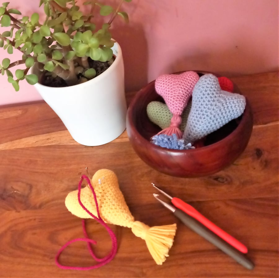 Pincushion, crocheted heart available in Red, Yellow, Green, Blue and Pink