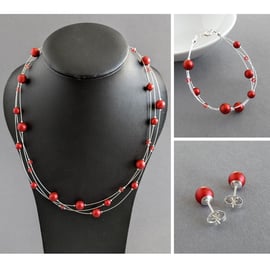 Bright Red Floating Pearl Jewellery Set - Christmas Red Multi-strand Jewellery