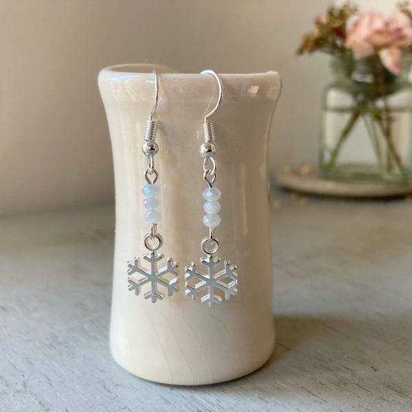 Snowflake earrings with pale grey sparkle beads, winter jewellery, sale
