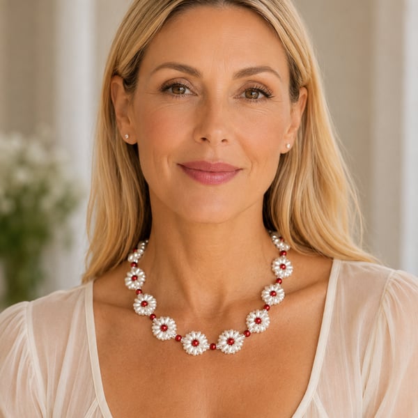 Daisy collection necklace with red faux pearls