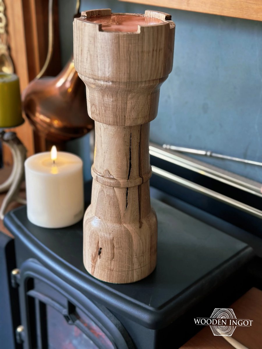 Extra Large 15" tall oak candle holder rook pillar - copper plate and knot split