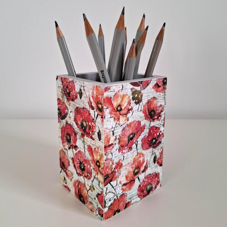 Red Poppy Decoupage Wooden Pencil Pot, Floral Pen Holder, Desk Tidy Organiser