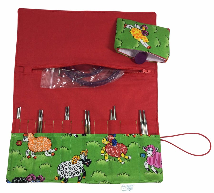 Interchangeable knitting needle case with colourful sheep, addi needle case, chi