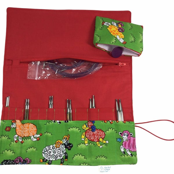 Interchangeable knitting needle case with colourful sheep, addi needle case, chi