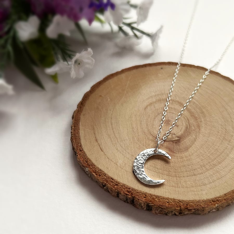 Sterling Silver Hammered Crescent Moon Necklace