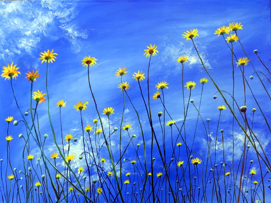 Yellow Daisies Under Blue Sky Original OIl Painting