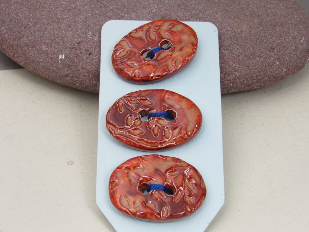 3 Medium Oval Bright Copper Leaf Pattern Ceramic Buttons