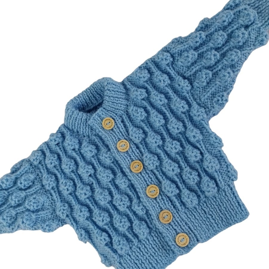 Blue Hand Knitted Baby Cardigan, Bobble Pattern, New Baby Gift, Boys Sweater