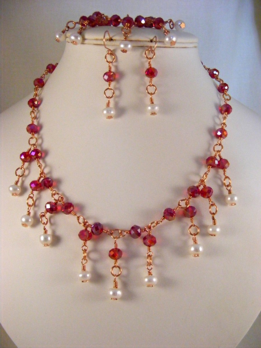Freshwater Pearl and Red AB Crystal Jewellery Set