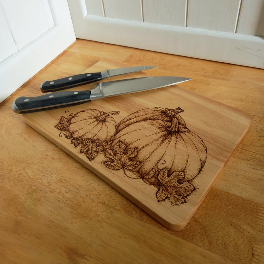 Pyrography autumnal pumpkin patch wooden serving or chopping board