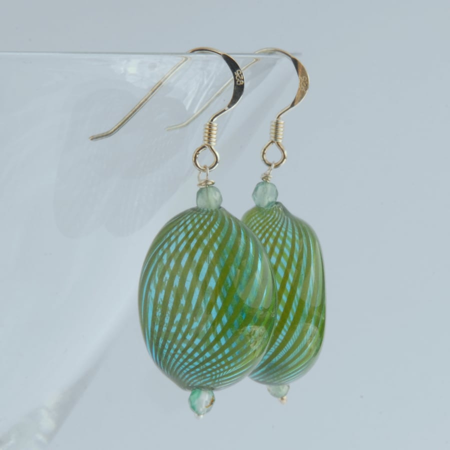 Large blown glass and silver earrings (aqua blue and green)