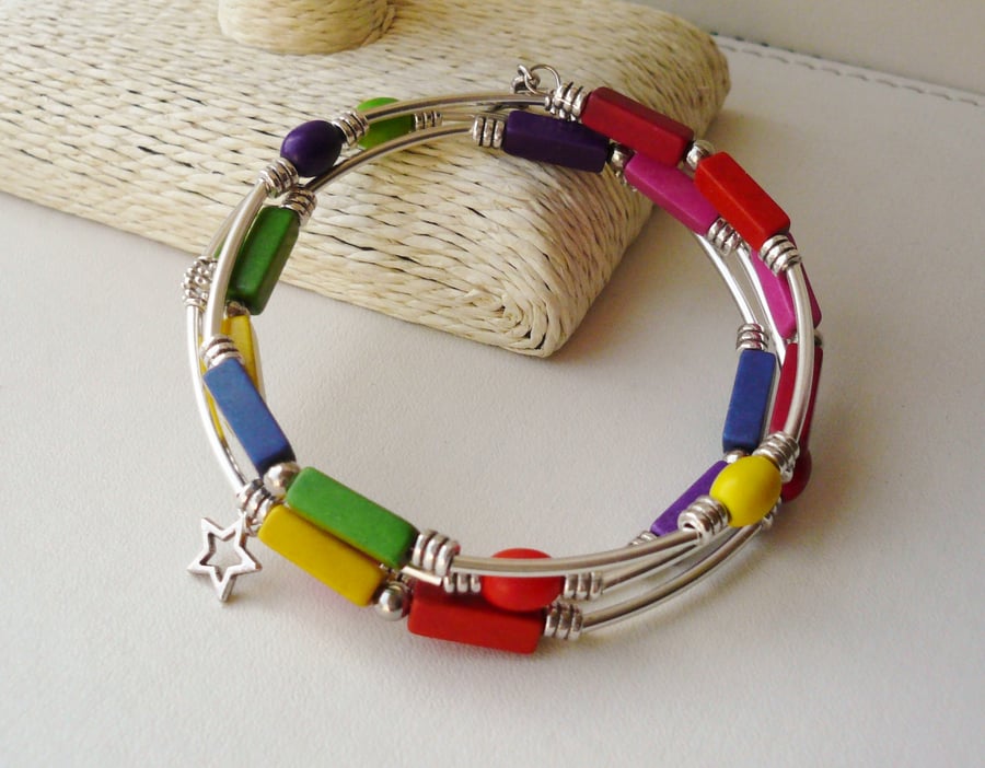 Bracelet Memory Wire Wrap Around Rainbow Howlite and Silver Tube Bead  KCJ1721