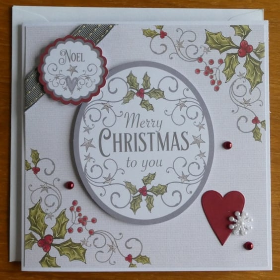 Hearts & Holly Christmas Card - Merry Christmas
